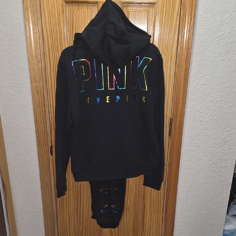 NWT VS PINK- Black Hoodie and Pants Set with Iriescent Rainbow Foil Logo L/XL